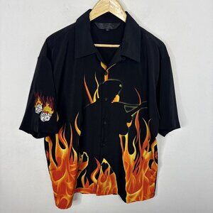 Vintage Rock House Men L Bowling Style Short Sleeve Shirt Guitar Dice Flames